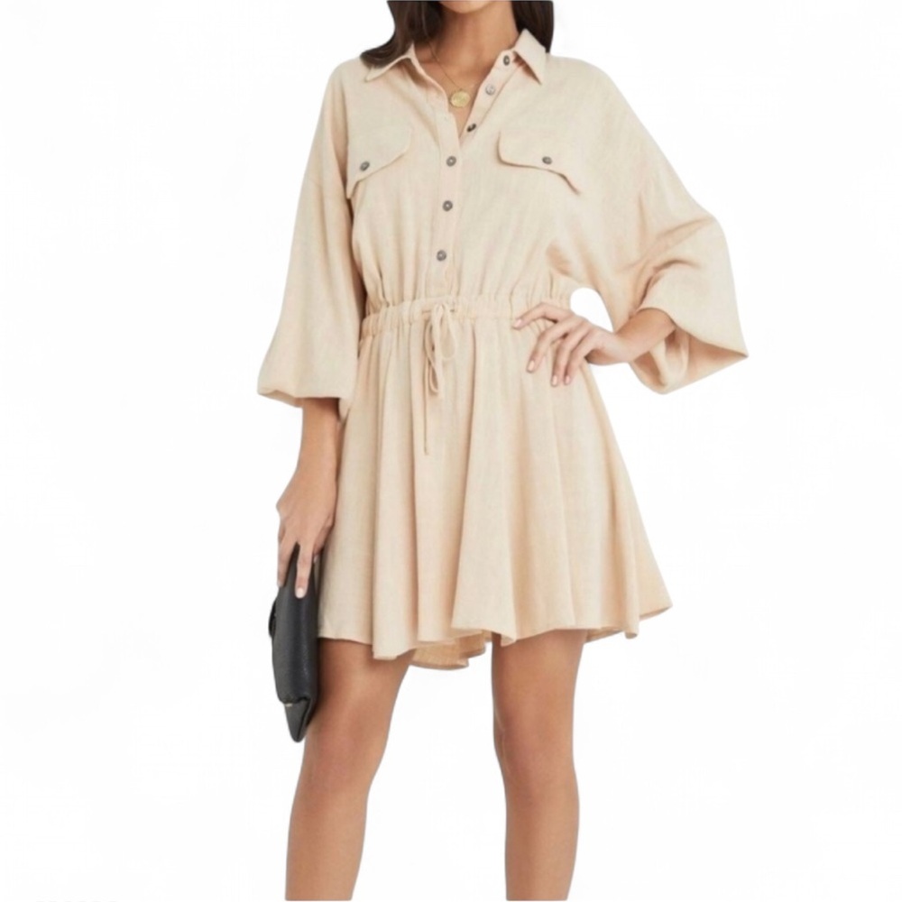 Vici Beige Tan Linen Drawstring Shirt Dress XS - Picture 12 of 12